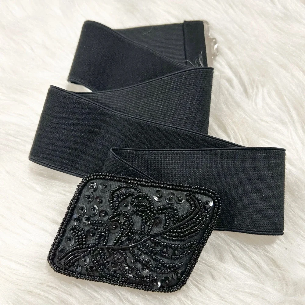 Vintage Womens Black Elastic Wide Fashion Belt Beaded Buckle Accent
